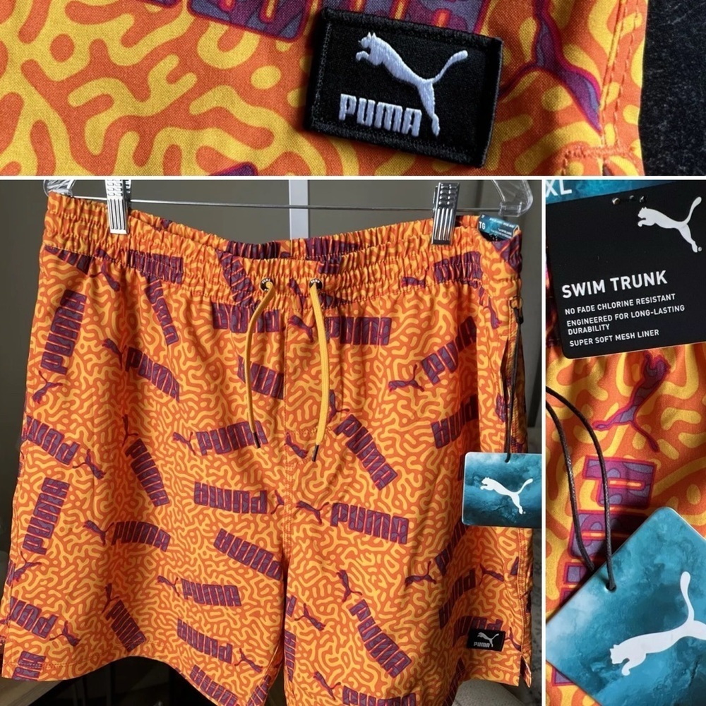 Puma No Fade Swim Trunk 7in Inseam Size XL Orange W/Logo Accent NEW $55
